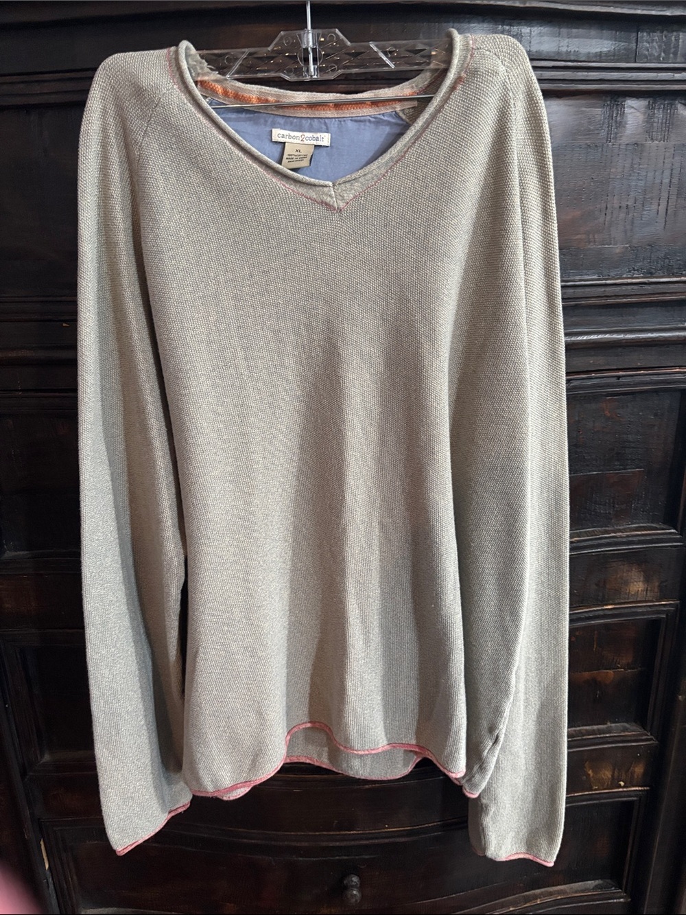 Carbon2Cobalt Men’s Oat V-Neck Sweater with Salmon Trim 100% Cotton